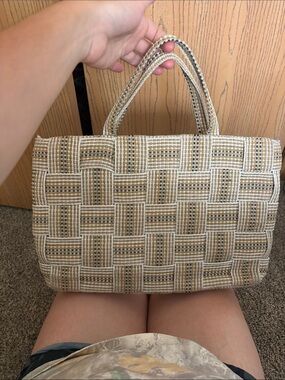 Woven Handheld Tote in Beige and Cream